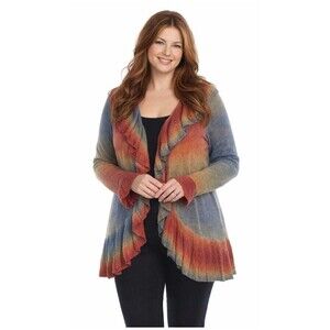 Womens Open Front Cardigan Sweater Lightweight Ruffle Earthy Colors Ombre Large
